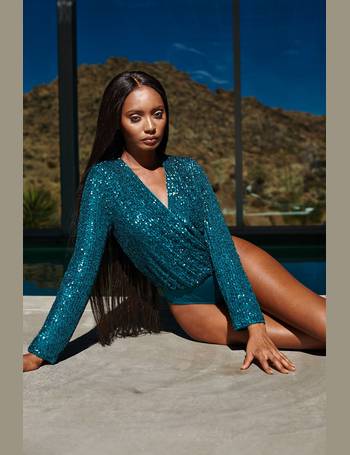 Green Sequin Wrap Bodysuit with Long Sleeve