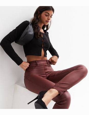 New Look Dark Brown Coated Leather-Look Mid Rise Lift & Shape Emilee  Jeggings