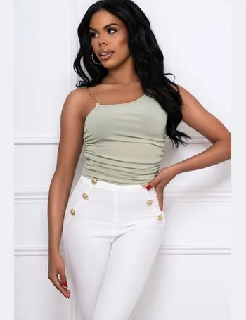 Want Her Beige Bengaline One Shoulder Zip Up Top