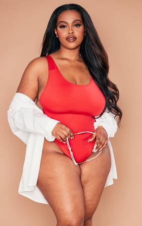 Red Gold Trim Plunge Swimsuit