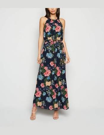 Mela Navy Floral Print Halter Neck Maxi Dress