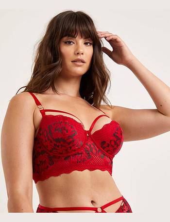 Figleaves Curve Amore lace and fishnet front fastening padded plunge bra in  tomato