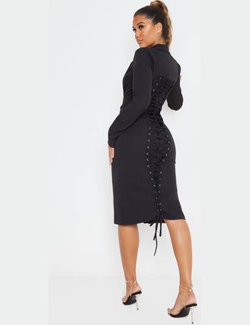 Black 3/4 Sleeve Belted Midi Blazer Dress