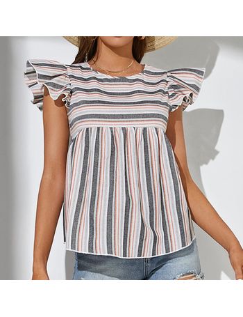 Vertical Striped Ruffle Sleeve Blouse