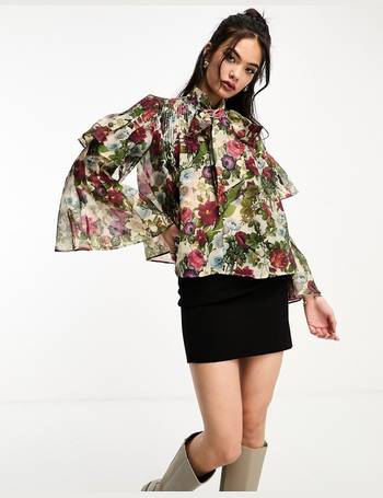 ASOS DESIGN tie front sheet blouse with frill neck in blue bright floral