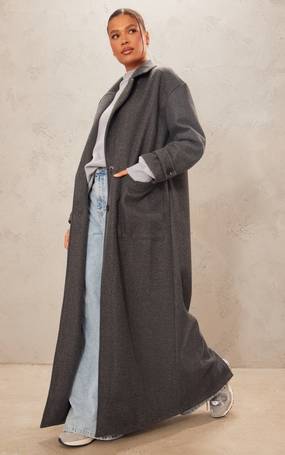Grey Brushed Wool Look Longline Coat