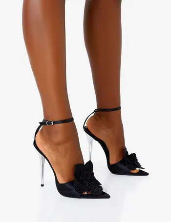 Public Desire Idol Black Patent Buckle Strappy Detail Stiletto Pointed To  Court High Heels