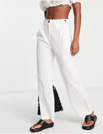 Topshop + Linen Tie Waist Mid Rise Straight Leg Trouser In White