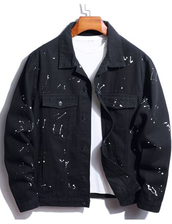 Men Random Splatter Paint & Letter Graphic Flap Pocket Denim Jacket Without  Tee