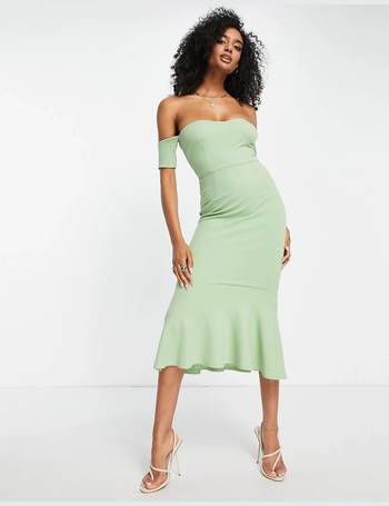 True Violet one shoulder ruffle midi dress in emerald