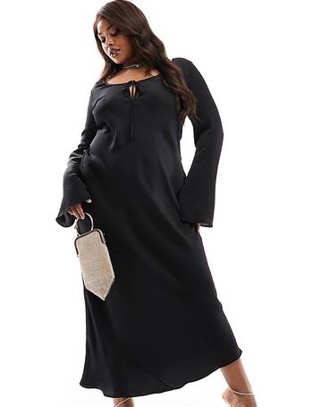 ASOS DESIGN Curve textured tiered long sleeve shirt dress in black