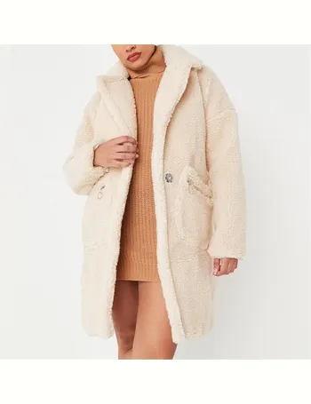 cream borg teddy mix cinched waist puffer jacket