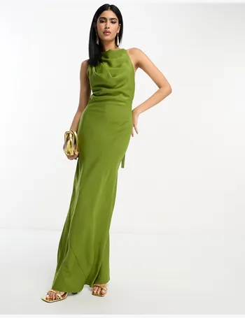 ASOS DESIGN satin long sleeve maxi dress with drawstring back in olive