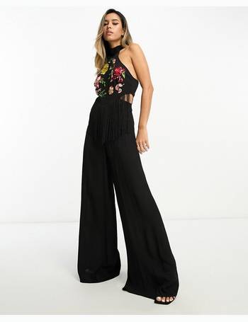 ASOS DESIGN leather look strappy wide leg jumpsuit in black