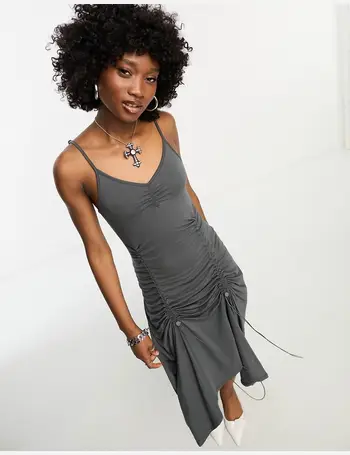 COLLUSION slinky off the shoulder midi dress in grey