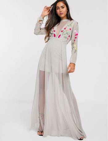 ASOS PREMIUM Mesh Maxi Dress with Floral Embroidery