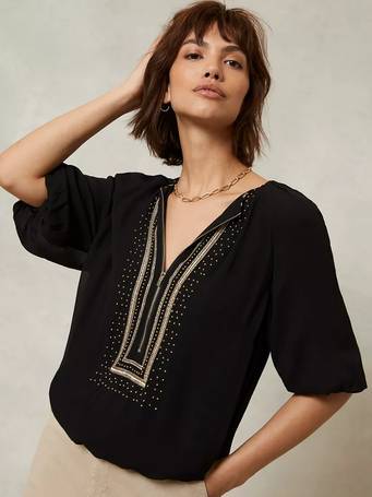 Mint Velvet Embroidered Puff Sleeve Top, Black, 6