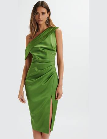 Lavish Alice corset bonded satin bandeau midi dress in emerald green