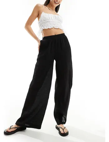 Bershka tie waist wide leg linen trousers in black