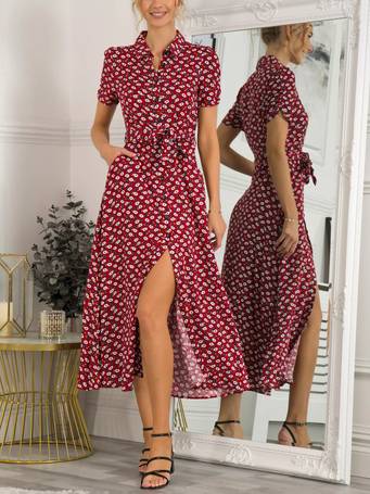 Live Unlimited Curve Tiered Midi Shirt Dress, Red at John Lewis