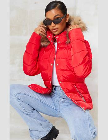 womens red puffer jacket with fur hood
