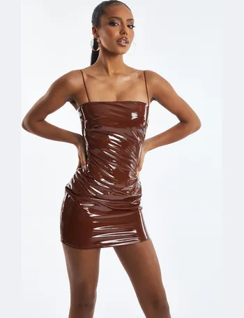 Rebellious Fashion leather look ruched mini dress in mushroom-Neutral