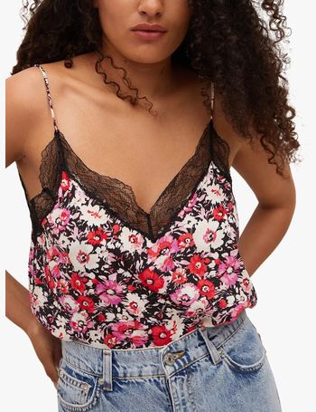 Mango Lace Detail Halter Neck Satin Cami in Black