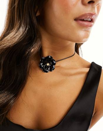 Monki Pearl Layered Ribbon Choker Necklace in White and Black-Multi