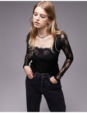 Topshop lace long sleeve top in black