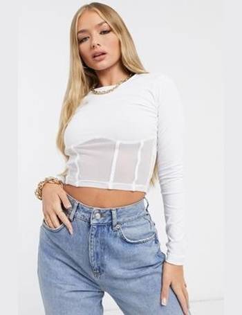 ASOS DESIGN shirred mesh long sleeve crop top in white