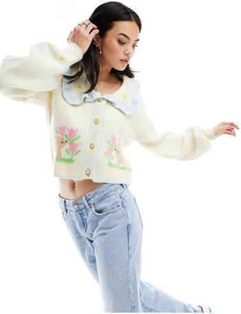 Neon Rose cherry print bow detail shirred crop top in cream