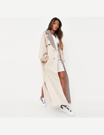 Missguided check collar balloon sleeve trench coat in deals sand