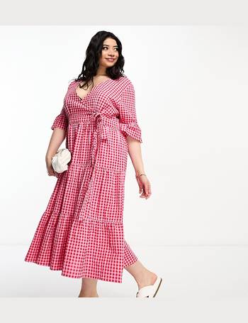 Influence puff sleeve tiered midi dress in pink gingham