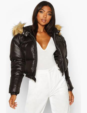 black faux fur hood crop puffer