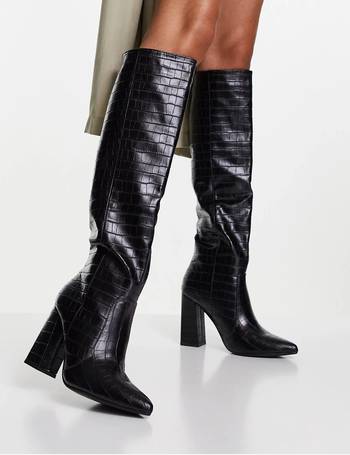 truffle collection pointed knee high heeled boots in black croc