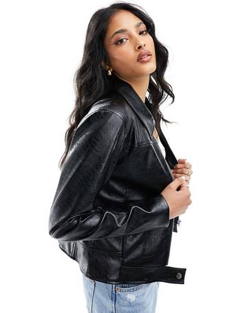 Pull&Bear cropped faux leather puffer jacket in black