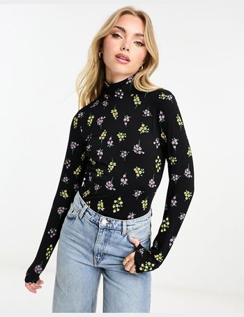 Monki long sleeve stretch sheer lace top in black