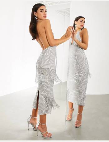 asos edition graphic beaded fringe plunge midi dress