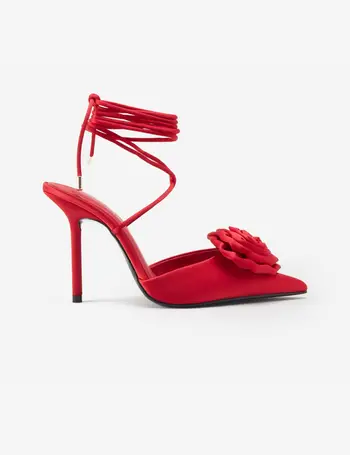Clearly Red Satin Lace-Up Stiletto Heels With Flowers – Club L