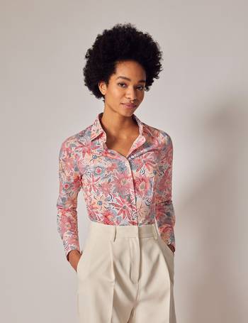 Women's Navy & Pink Floral Print Fitted Cotton Stretch Shirt