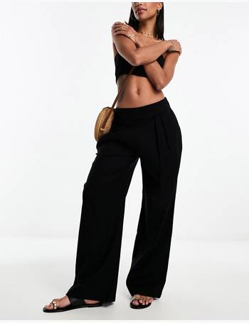 Topshop high waist belted wide leg pants with turn back hem in ecru