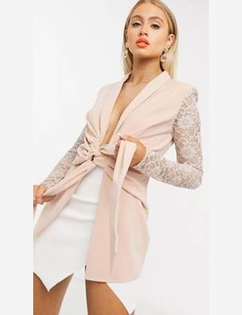 ASOS DESIGN jersey tie front blazer with lace sleeves in pale pink