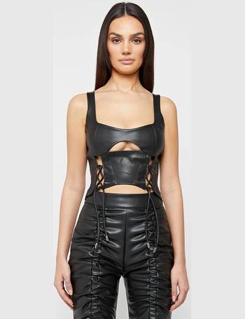 Black Faux Leather Lace Up Top, Tops