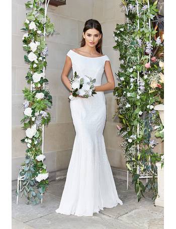 Clara white lace on sale bardot fishtail bridal dress