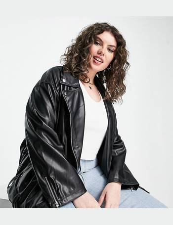 asos design curve cropped leather look bomber jacket in black