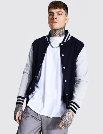 BoohooMAN Plus Red and White Cotton Jersey Bomber Varsity Jacket with Badges