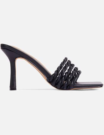 turntup woven square peep toe mule in black faux leather