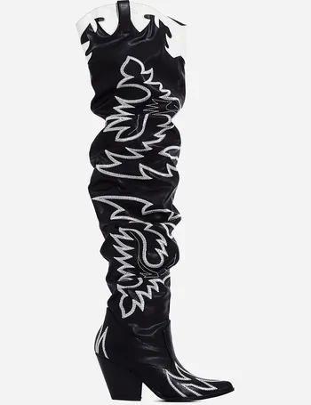 kelsie embroidered western thigh high long boot in black faux leather