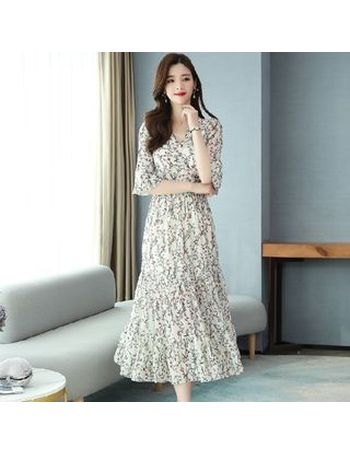 innomori - Long-Sleeve Square Neck Floral Midi A-Line Corset Dress