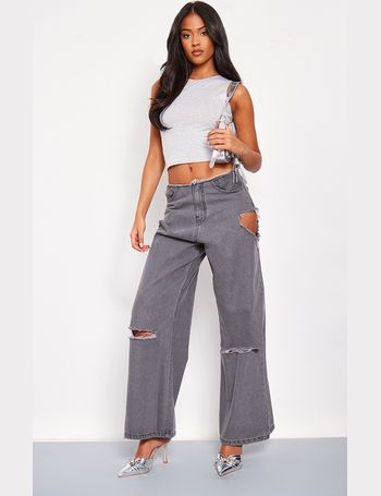 Washed Grey Fray Waist Low Rise Wide Leg Jeans